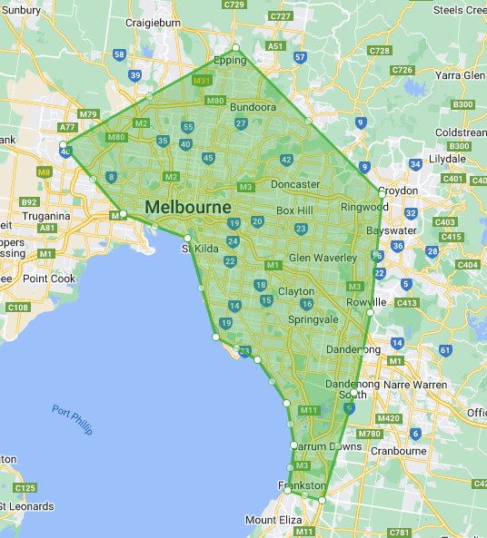 Cinnamon Catering delivery zones across Melbourne, marked in green
